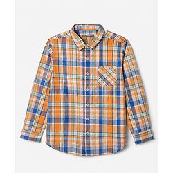 Pine Kids 100% Cotton Woven Half Sleeves Checked Shirt and T-Shirt with Happiness Comes In Wave Text Print in Orange