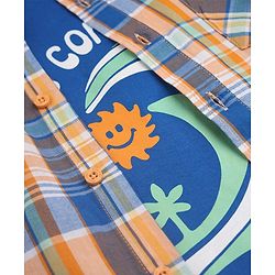 Pine Kids 100% Cotton Woven Half Sleeves Checked Shirt and T-Shirt with Happiness Comes In Wave Text Print in Orange