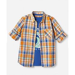 Pine Kids 100% Cotton Woven Half Sleeves Checked Shirt and T-Shirt with Happiness Comes In Wave Text Print in Orange
