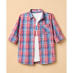 Pine Kids 100% Cotton Woven Full Sleeves Checks Shirts and T-Shirt With Lets Play Together Text Print - Pink