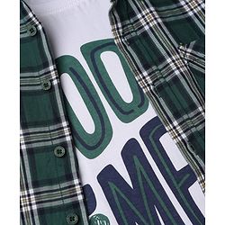 Pine Kids 100% Cotton Woven Full Sleeves Checked Shirt and Tank Top with Good Times Print - Green