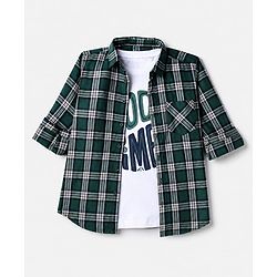 Pine Kids 100% Cotton Woven Full Sleeves Checked Shirt and Tank Top with Good Times Print - Green