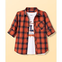 Pine Kids Cotton Woven Full Sleeves Checks Shirt with Tank T-Shirt - Orange