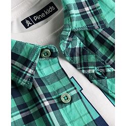 Pine Kids Cotton Woven Full Sleeves Checks Shirt with Tank T-Shirt - Green