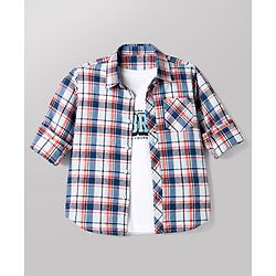 Pine Kids Cotton Woven Half Sleeves Twofer Shirt with Checks Print - Blue