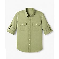 Pine Kids 100% Cotton Woven Roll Up Sleeves Solid Shirt in Olive Green for 4-5 Years