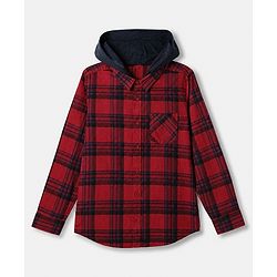 Pine Kids 100% Cotton Woven Full Sleeves Hooded Checked Shirt - Red