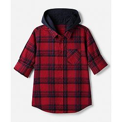 Pine Kids 100% Cotton Woven Full Sleeves Hooded Checked Shirt - Red