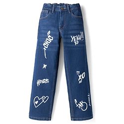 Pine Kids Cotton Blend Denim Woven Full Length Jeans with Slogan Print - Blue