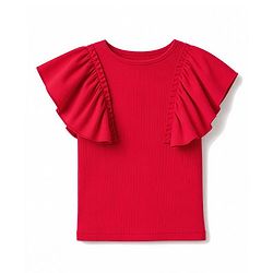 Pine Kids Cotton Knit Solid Flutter Half Sleeves Top - Red