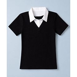 Pine Kids Cotton Knit Half Sleeves Solid Top in Black