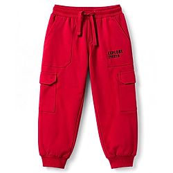 Pine Kids Knit Full Length Lounge Pant With Cargo Pockets & Text Print - Red