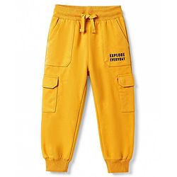 Pine Kids Knit Full Length Lounge Pant With Cargo Pockets & Text Print - Yellow