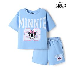 Pine Kids Disney Terry Knit Half Sleeves T-Shirt & Shorts Set With Minnie Mouse Graphic - Light Blue