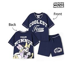 Pine Kids Disney Terry Knit Half Sleeves T-Shirt & Shorts Set with Front & Back Minnie Mouse Graphic - Navy Blue
