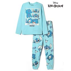 Pine Kids Disney Single Jersey Knit Full Sleeves T-Shirt & Pyjama Night Suit with Stitch Graphic - Light Blue