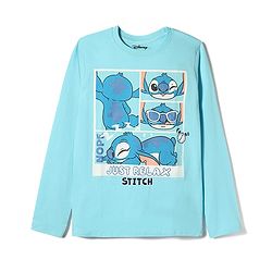 Pine Kids Disney Single Jersey Knit Full Sleeves T-Shirt & Pyjama Night Suit with Stitch Graphic - Light Blue