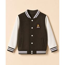 Pine Kids Knit Full Sleeves Bomber Jacket with Adventure Badge- Brown