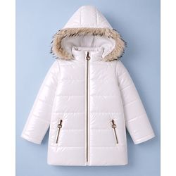 Pine Kids Woven Hooded Jacket with Full Sleeves & Fur Trim - White