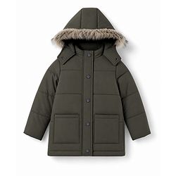 Pine Kids Woven Hooded Winter Jacket with Full Sleeves and Fur - Olive Green