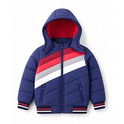 Pine Kids Woven Hooded Winter Jacket with Full Sleeves and Striped Pattern - Navy Blue