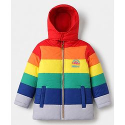 Pine Kids Woven Padded Quilted Hooded Winter Jacket with Full Sleeves and Rainbow Cut & Sew with Rainbow Makes Me Happy Patch - Red