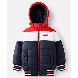 Pine Kids Woven Padded Quilted Hooded Winter Jacket with Full Sleeves and Cut & Sew with Pinekids Patch - Navy Blue
