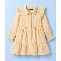 Pine Kids 100% Cotton Woven Full Sleeves Schiffili Tiered Frock - Cream
