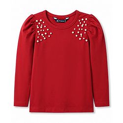 Pine Kids Cotton Lycra Knit Full Sleeves Top With Pearl Embellishment - Red