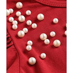 Pine Kids Cotton Lycra Knit Full Sleeves Top With Pearl Embellishment - Red