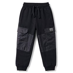 Pine Kids Knit Full Length Lounge Pant With Cargo Pockets & Text Print - Black