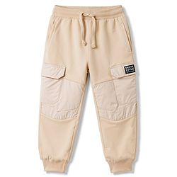 Pine Kids Knit Full Length Lounge Pant With Cargo Pockets & Text Print - Beige