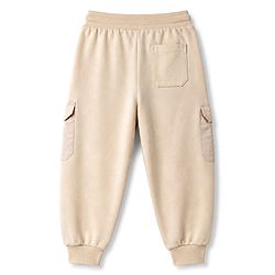 Pine Kids Knit Full Length Lounge Pant With Cargo Pockets & Text Print - Beige