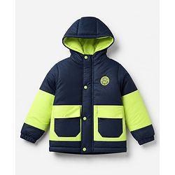 Pine Kids Woven Full Sleeves Padded Hooded Winter Jacket With Badge - Navy Blue