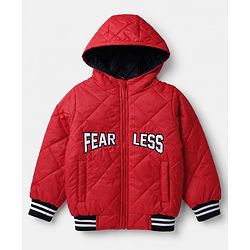 Pine Kids Woven Full Sleeves Padded Hooded Quilted Winter Jacket With Text Print - Red