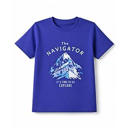 Pine Kids Cotton Knit Half sleeves T-Shirt with Mountain & Text Print - Blue