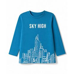 Pine Kids Cotton Knit Full Sleeves T-Shirt with Sky High City Print - Blue