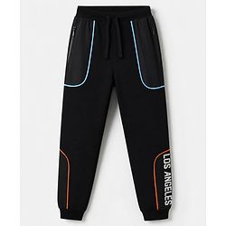 Pine Kids Looper Knit Full Length Lounge Pant with Cut & Sew Design & Text Print- Black