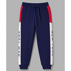 Pine Kids Cotton Knit Full Length Lounge & Track Pant With Text Print - Navy Blue