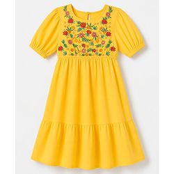 Pine Kids Cotton Woven Dress with Half Sleeves and Floral Embroidery - Yellow