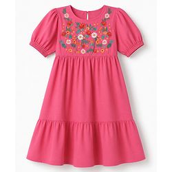 Pine Kids Cotton Woven One Piece Dress with Half Sleeves and Floral Embroidery - Fuchsia