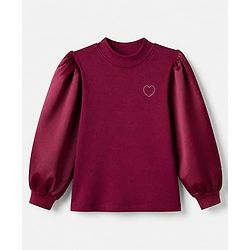 Pine Kids Cotton Mix Knit Top with Full Peasant Sleeve and Heart Embellished in Maroon
