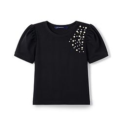 Pine Kids Cotton Lycra Knit Half Sleeves Top With Pearl Embellishment - Black