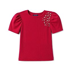 Pine Kids Cotton Lycra Knit Half Sleeves Top With Pearl Embellishment - Red