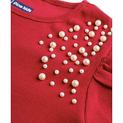 Pine Kids Cotton Lycra Knit Half Sleeves Top With Pearl Embellishment - Red