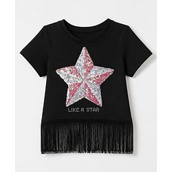 Pine Kids 100% Cotton Knit Crop Top with Half Sleeves and Star Sequins - Black