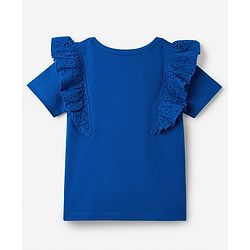 Pine Kids Cotton Knit Half Sleeves Top with Effortlessly Beautiful Embroidery and Frill Detailing in Blue for 4-5 Years