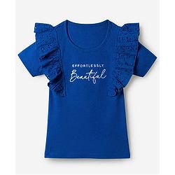 Pine Kids Cotton Knit Half Sleeves Top with Effortlessly Beautiful Embroidery and Frill Detailing in Blue for 4-5 Years
