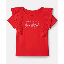 Pine Kids Cotton Knit Half Sleeves Top with Frill Detailing and Effortlessly Beautiful Embroidery in Red for 4-5 Years