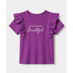 Pine Kids Cotton Lycra Knit Half Sleeves Top with Frill Detailing and Effortlessly Beautiful Embroidery - Purple